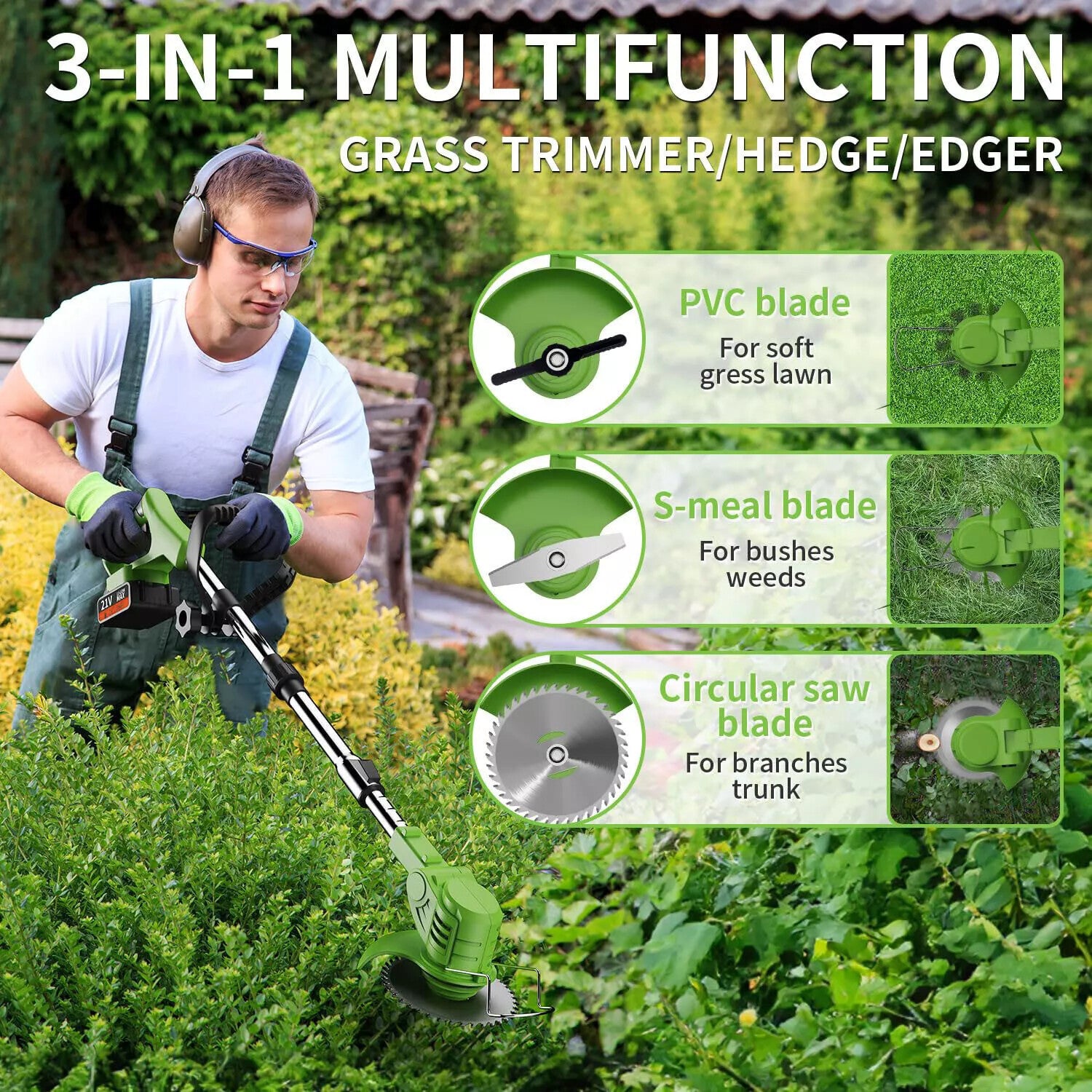21V Cordless Grass Trimmer/Tree Cutter/Garden Edger Electric with Accessories. Batteries included